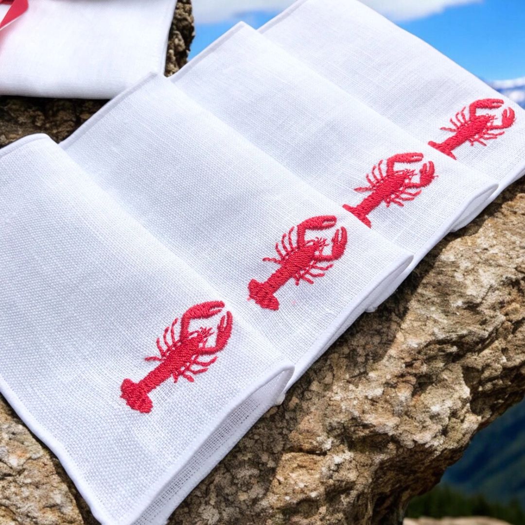 embroidered lobster linen cocktail napkins white set of 4