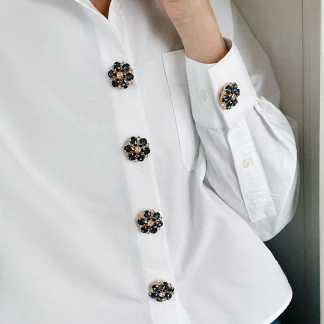 navy flower button charms with gold details by Fancy the Pancy