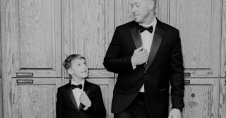 Father and son dressed in matching tuxedos for Father's Day celebration