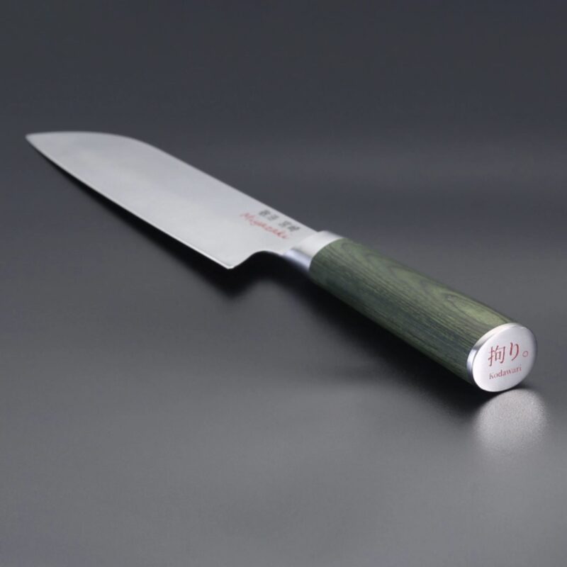 Miyazaki Kodawari Santoku knife with green pakkawood handle made in Japan
