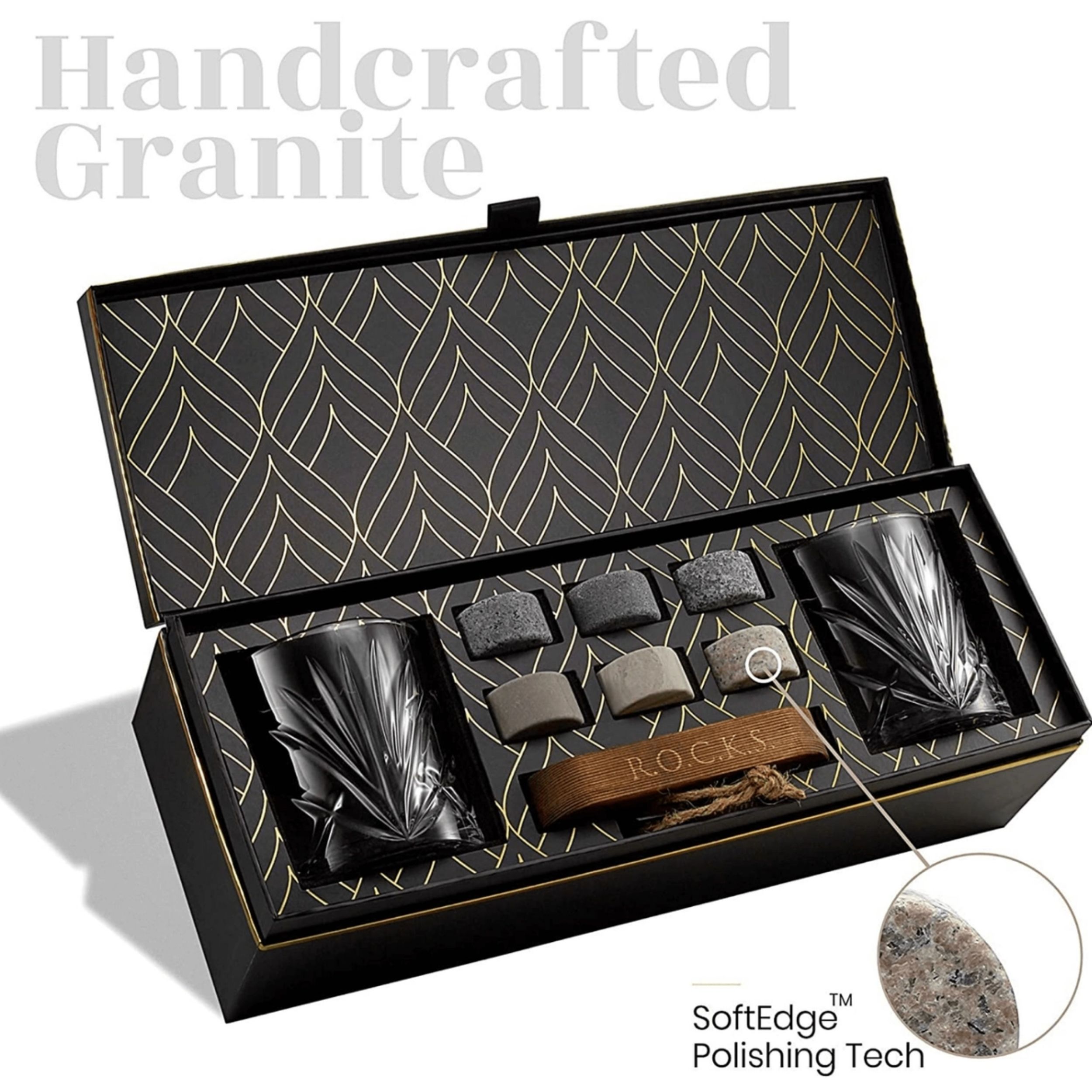 ROCKS whiskey stones gift set with Palm whiskey glasses in luxury presentation box