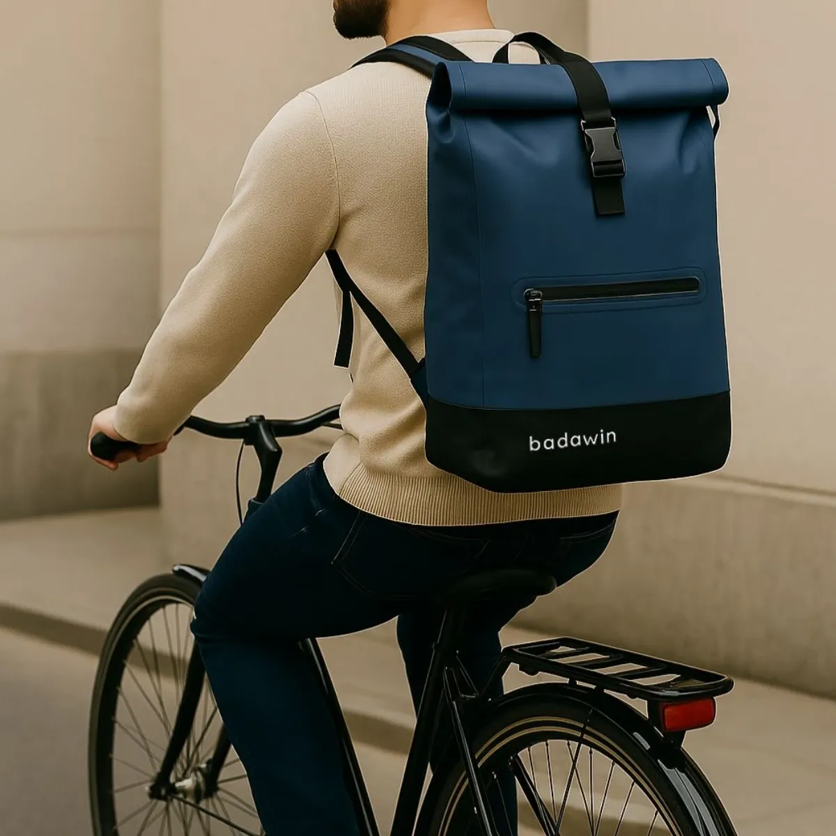 Blue bicycle pannier with hidden luggage rack attachments