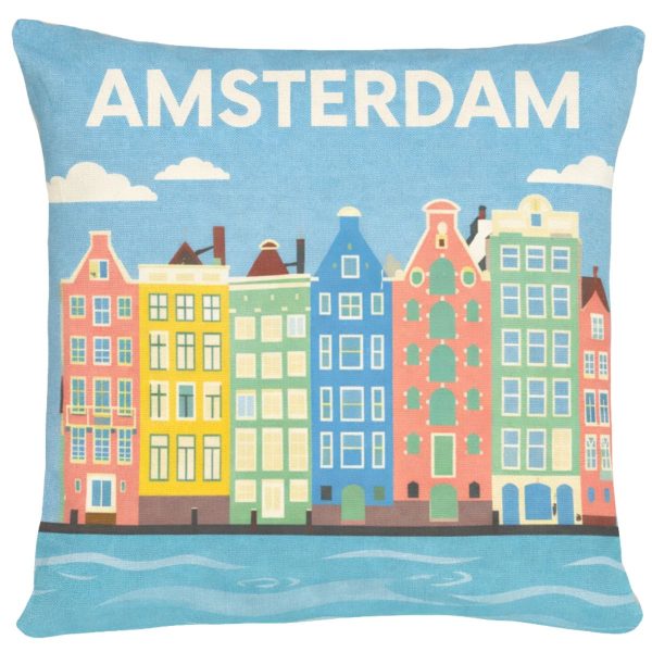 Amsterdam kussen met kleurrijke grachtenpandjes op helderblauwe achtergrond