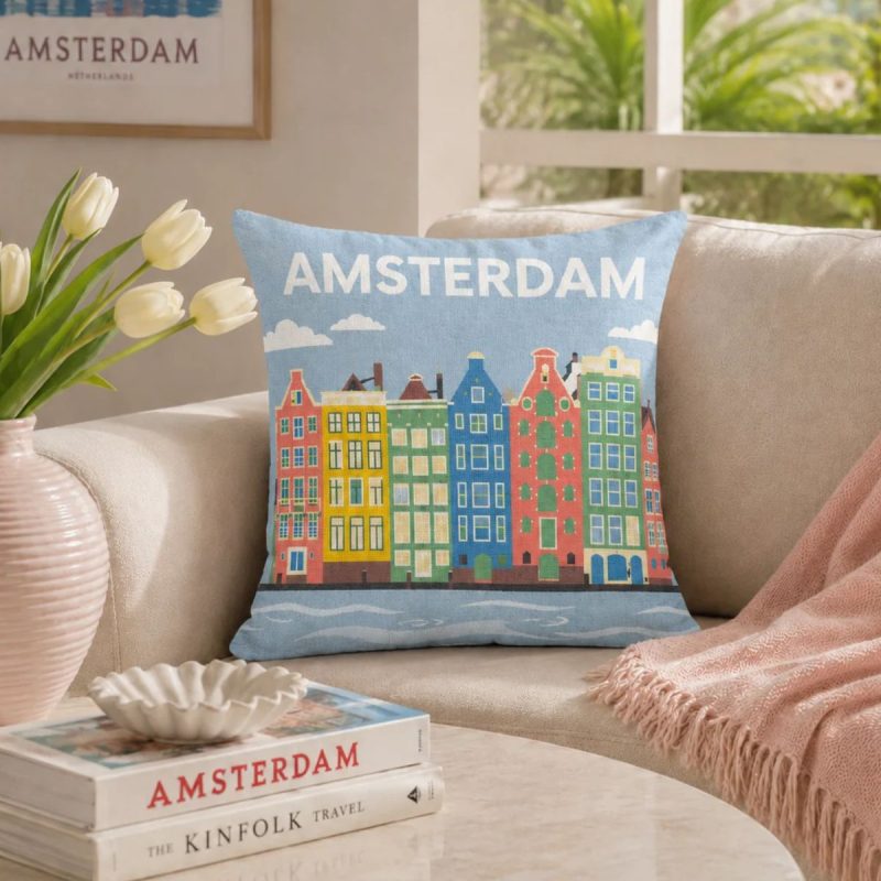 Colourful Amsterdam cushion styled on a sofa
