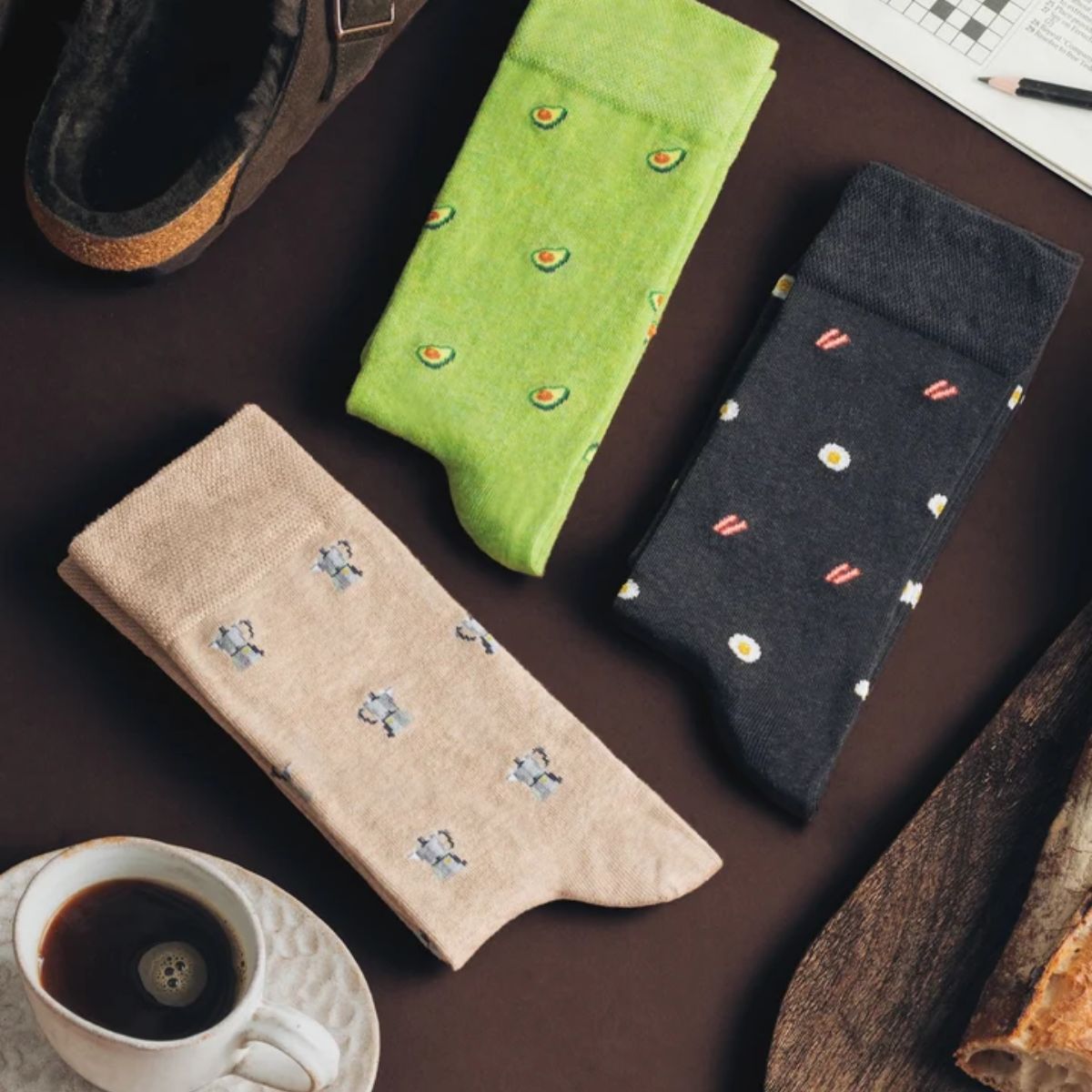 Brunch-inspired socks featuring avocado, coffee and bacon and eggs