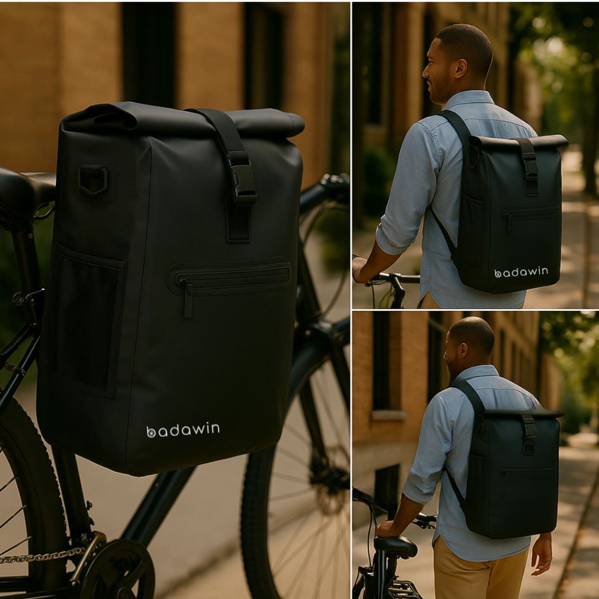 Badawin Ali black bicycle pannier attached to luggage rack
